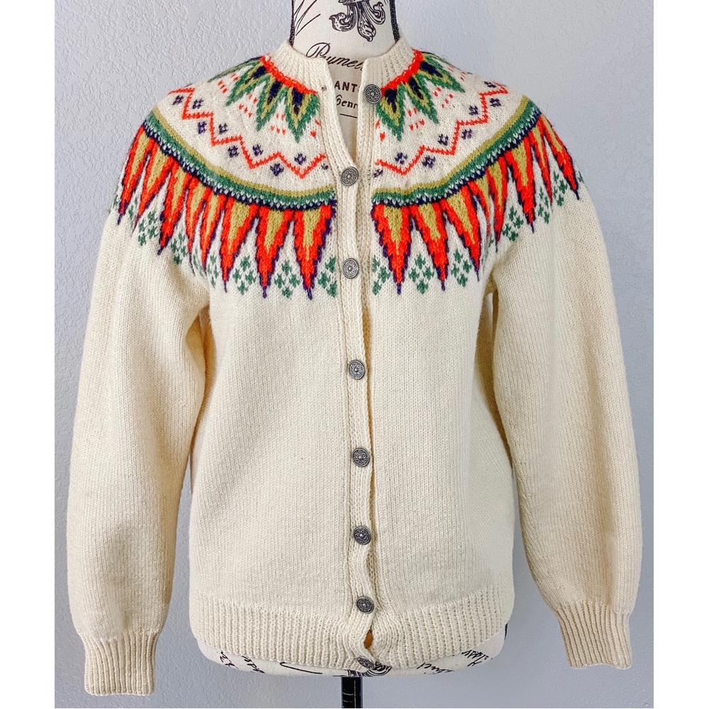 Vintage Norwegian Cardigan / 50s Hand Knit Wool Nordic Fair Isle Sweater